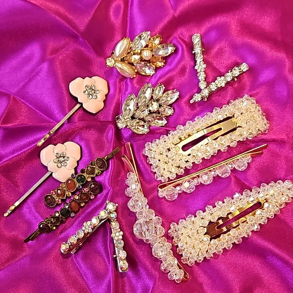 Rhinestone and Acrylic Crystal Hair Clips Lot of 14